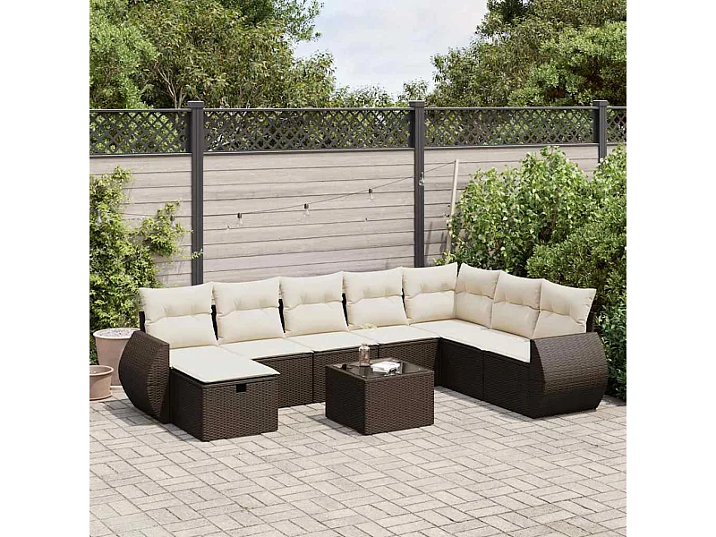 9-delige Loungeset met kussens poly rattan bruin