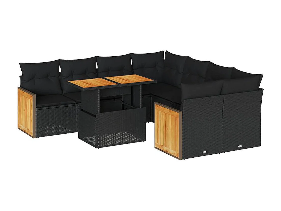 9 peças conjunto sofás para jardim almofadões vime PE/acácia preto