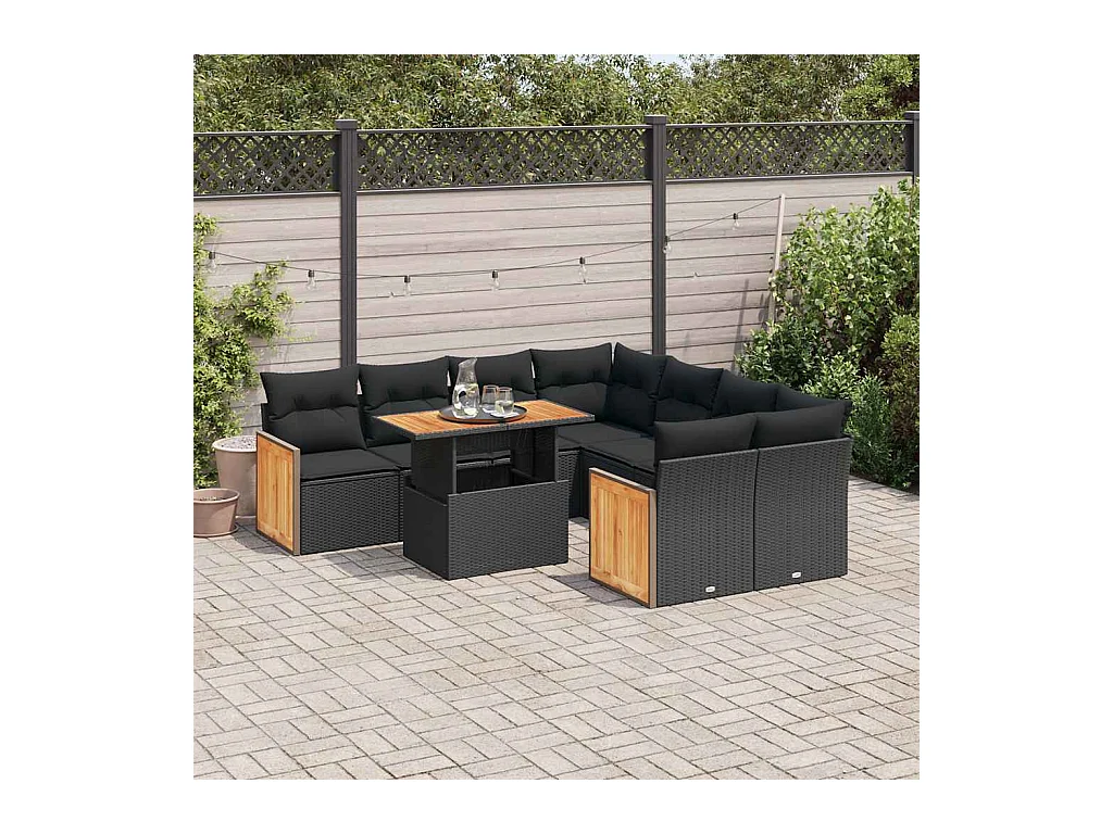 9-delige Loungeset met kussens poly rattan acacia zwart