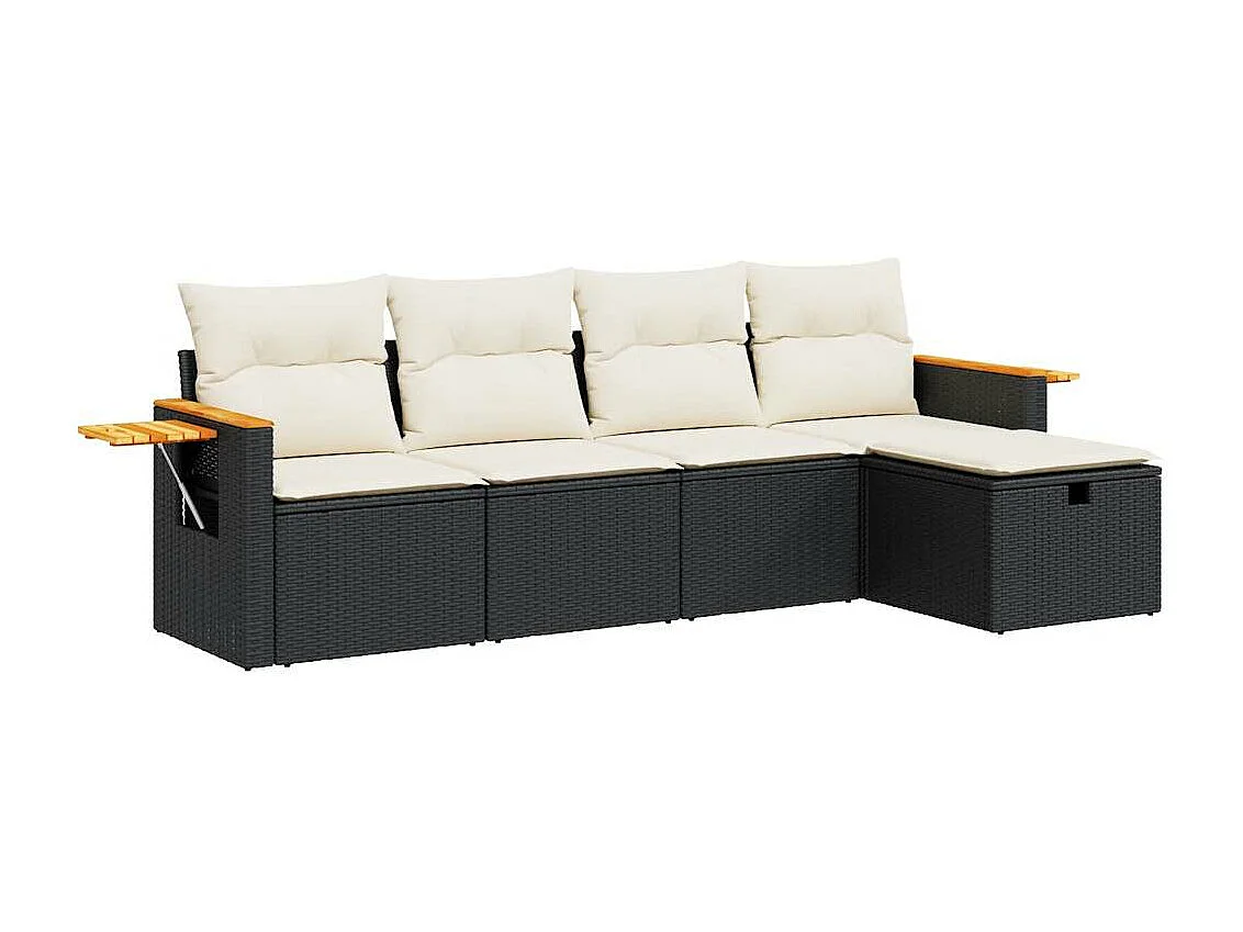 5 peças conjunto sofás de jardim com almofadões vime PE preto