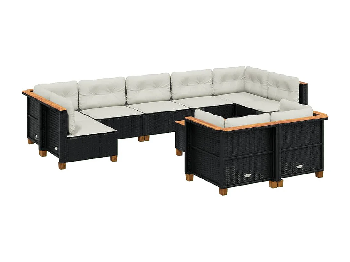 10 peças conjunto sofás de jardim com almofadões vime PE preto
