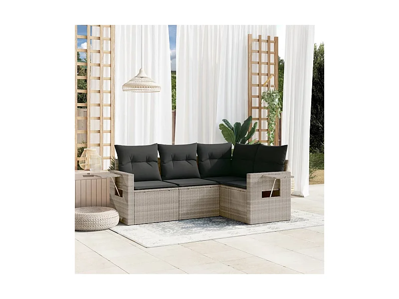 4 peças conj. sofás jardim com almofadões vime PE cinzento-claro