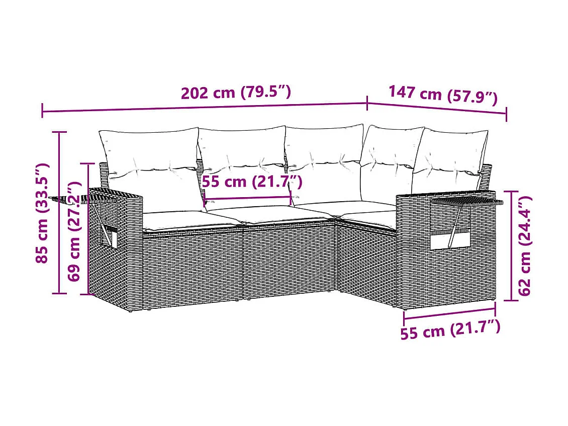 4-delige Loungeset met kussens poly rattan lichtgrijs