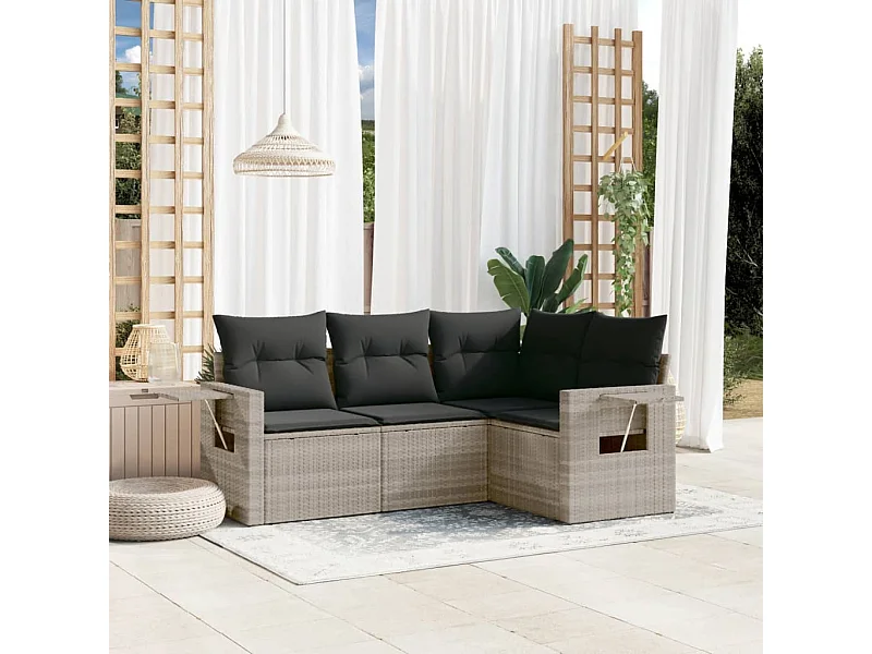 4-delige Loungeset met kussens poly rattan lichtgrijs