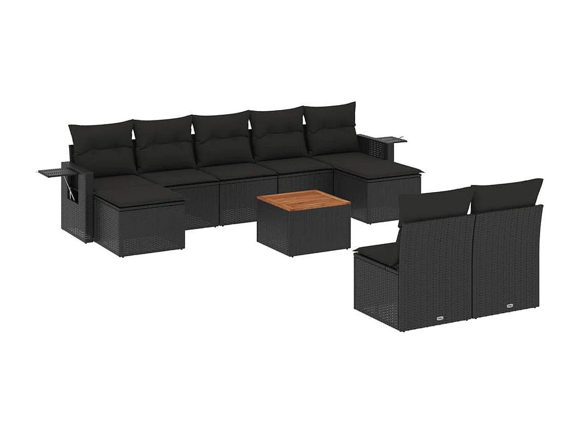Salon de jardin 10 pièces avec coussins noir résine tressée
