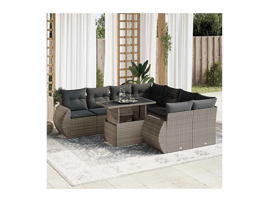9 peças conjunto sofás para jardim com almofadões vime PE cinzento