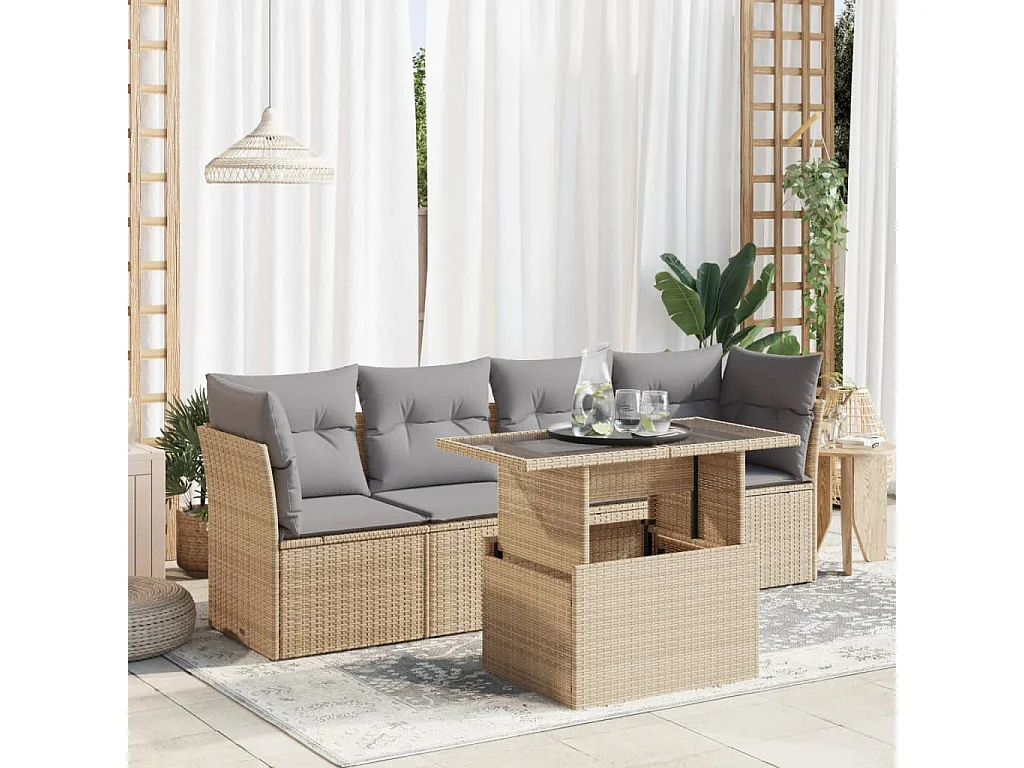 Salon de jardin avec coussins 5 pièces beige résine tressée