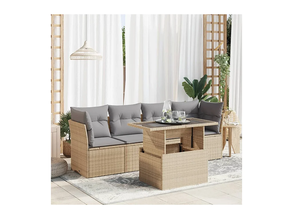 Salon de jardin avec coussins 5 pièces beige résine tressée