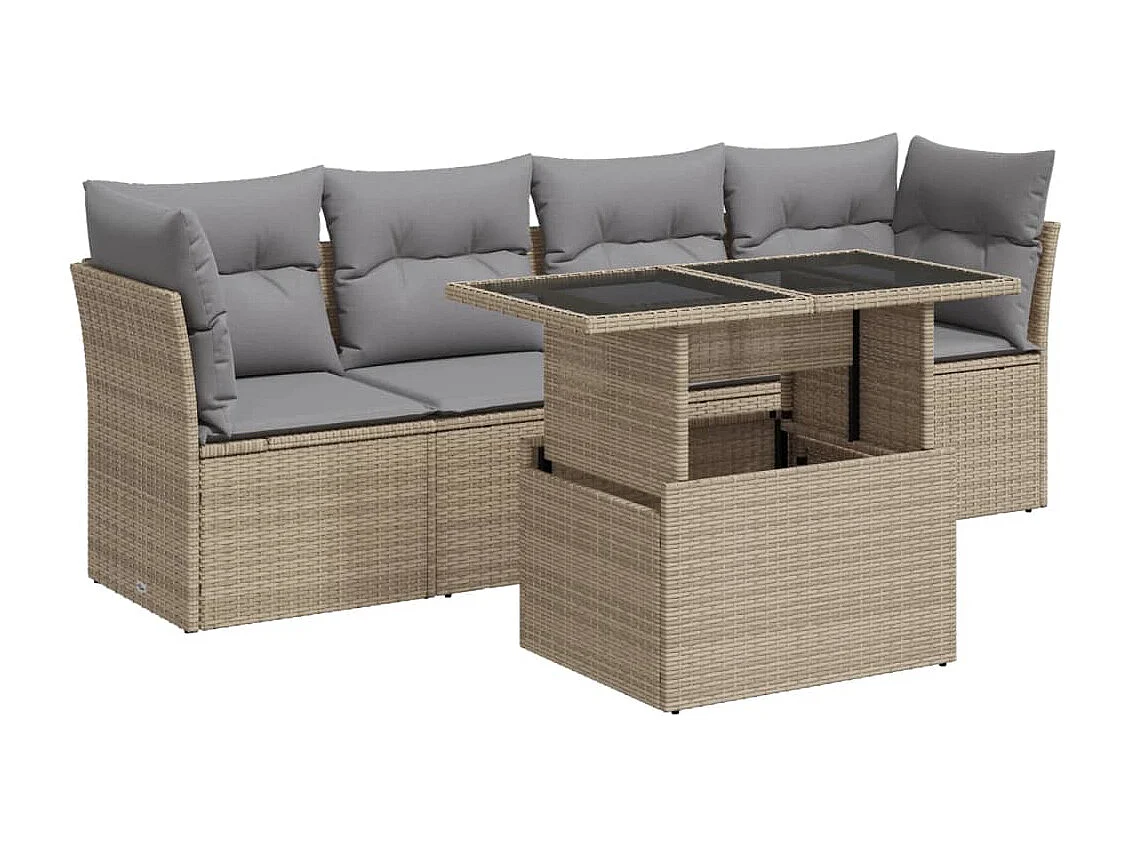 5 peças conjunto de sofás para jardim com almofadões vime PE bege