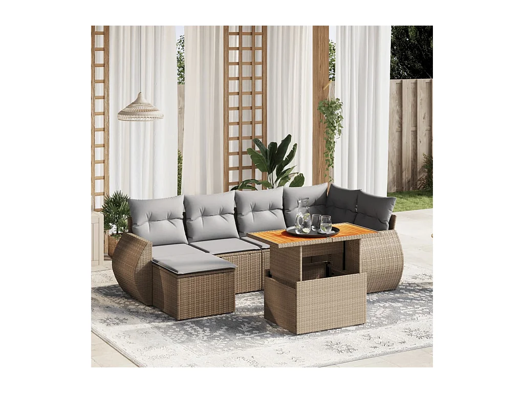 Salon de jardin avec coussins 7 pièces beige résine tressée