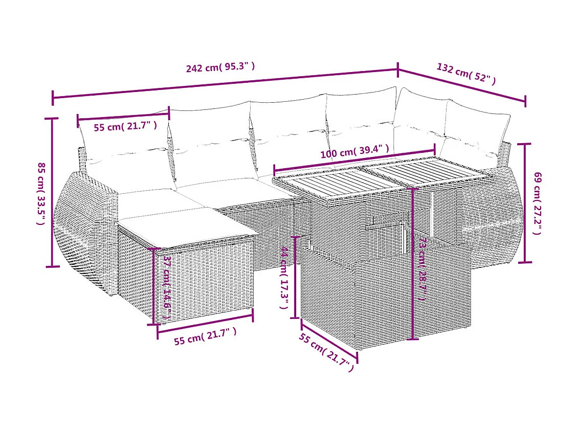 7-delige Loungeset met kussens poly rattan beige