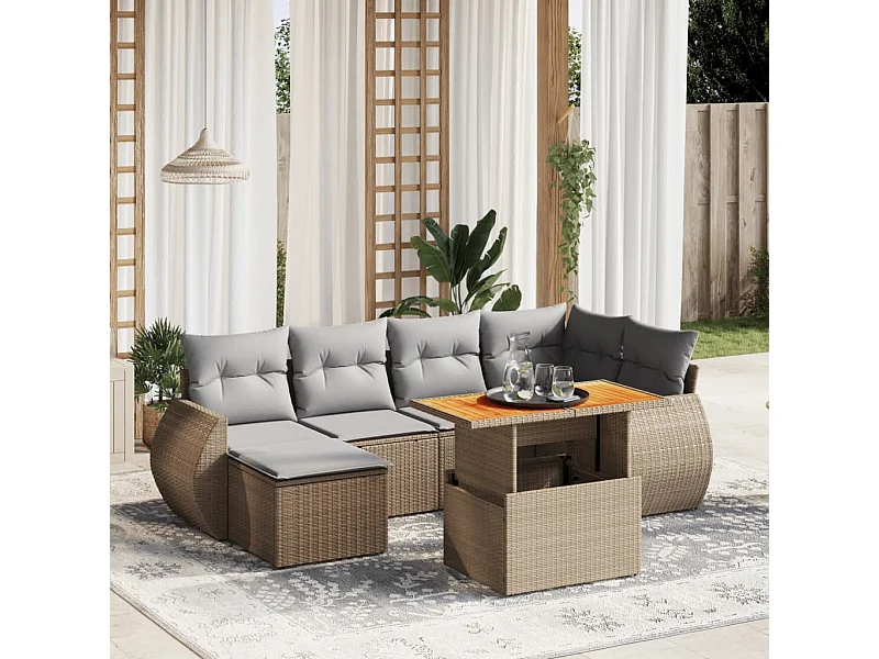 7-delige Loungeset met kussens poly rattan beige