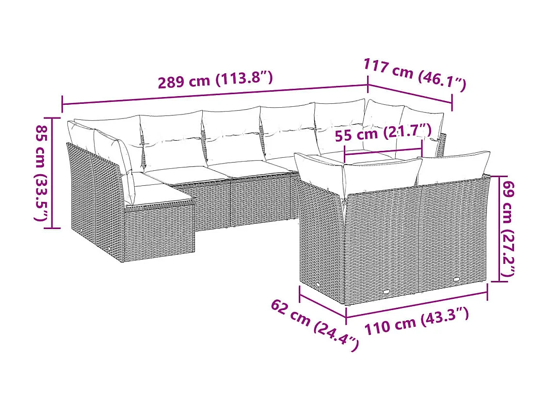 9 peças conj. sofás jardim com almofadões vime PE cinzento-claro