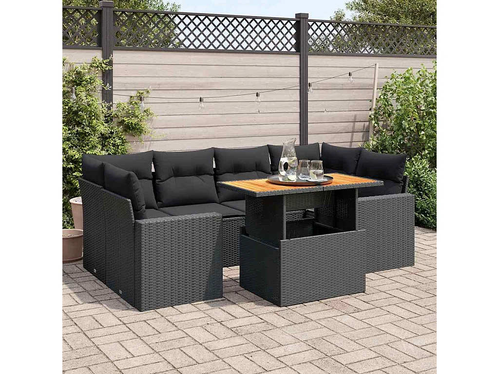 7-delige Loungeset met kussens poly rattan zwart
