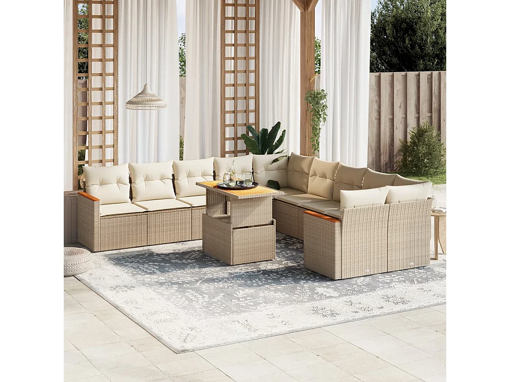 11-delige Tuinset met kussens poly rattan beige