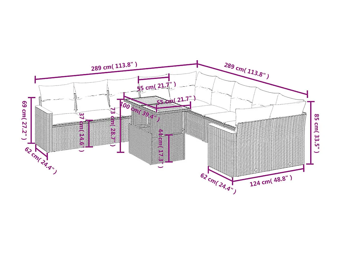 11-delige Tuinset met kussens poly rattan beige