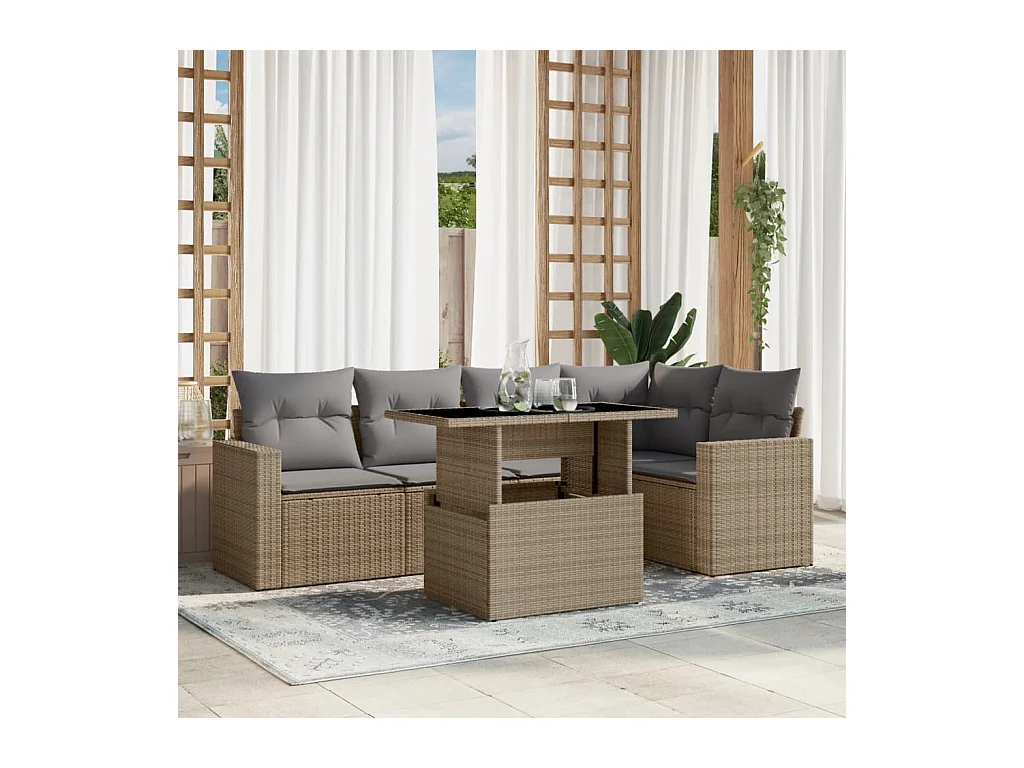 Salon de jardin avec coussins 6 pièces beige résine tressée