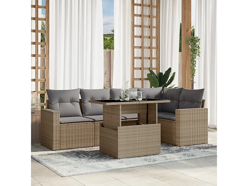6-delige Loungeset met kussens poly rattan beige