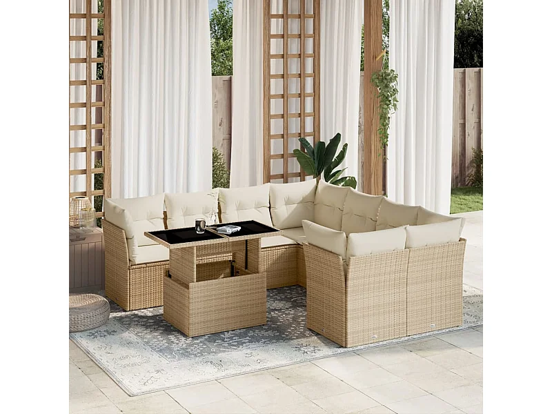 Salon de jardin avec coussins 9 pièces beige résine tressée