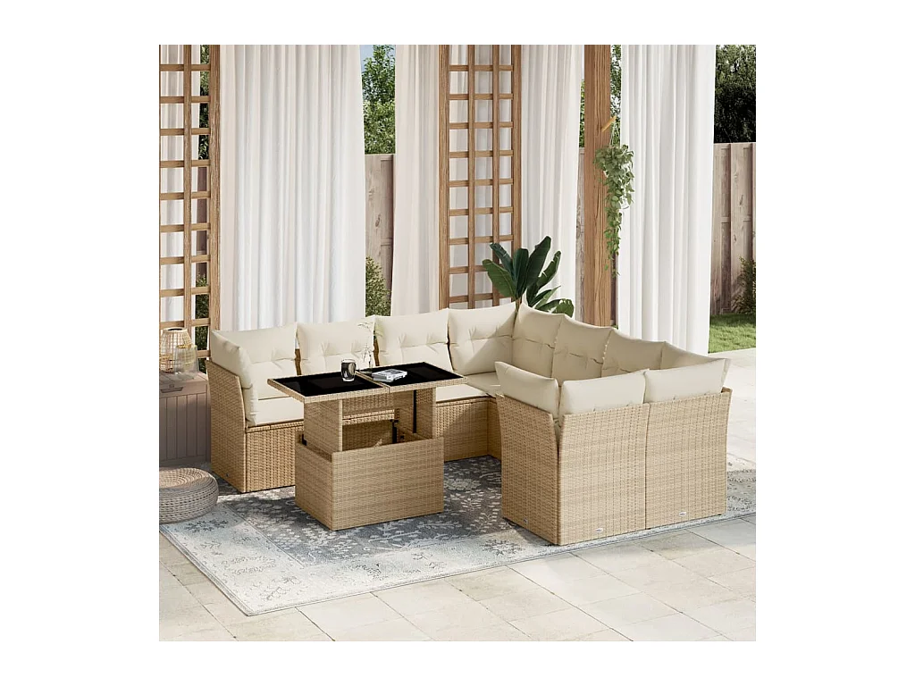 9-delige Loungeset met kussens poly rattan beige