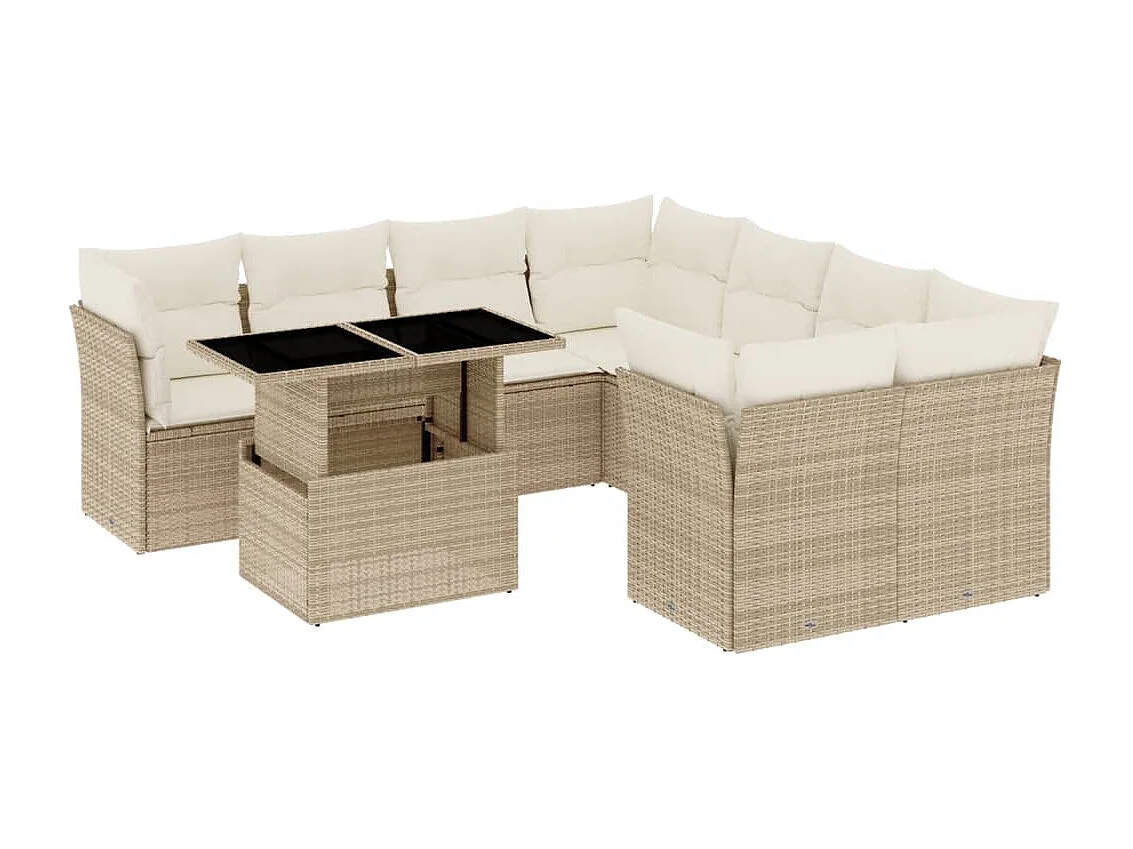Set de sofás de jardín 9 piezas con cojines ratán sintético beige