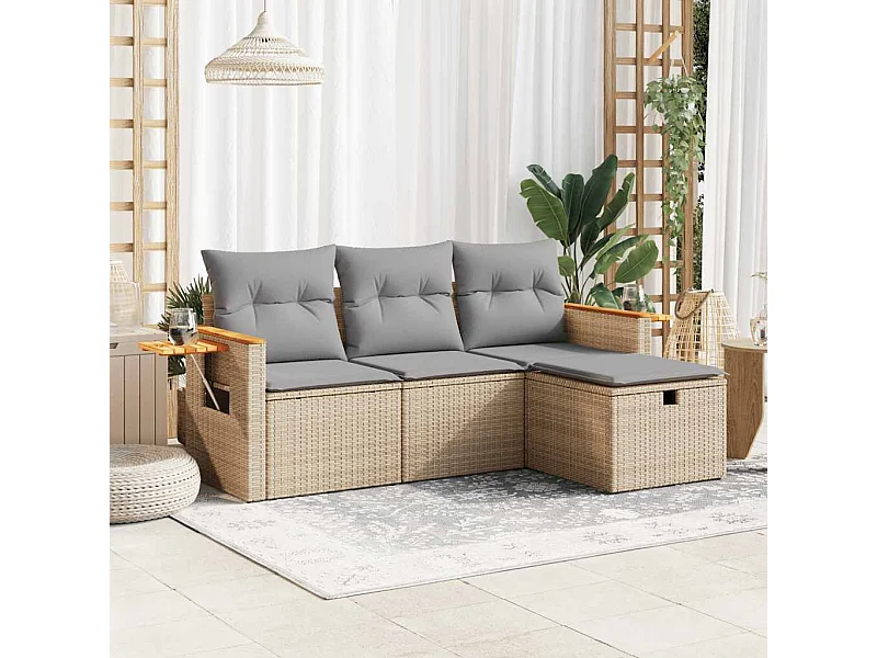 4-delige Loungeset met kussens poly rattan beige
