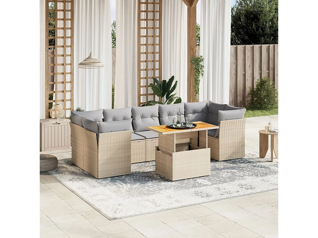 Salon de jardin avec coussins 8 pièces beige résine tressée