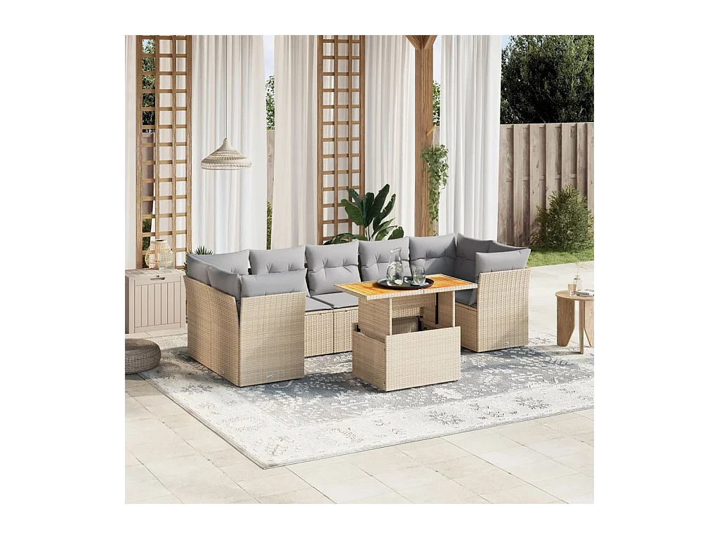 8-delige Loungeset met kussens poly rattan beige