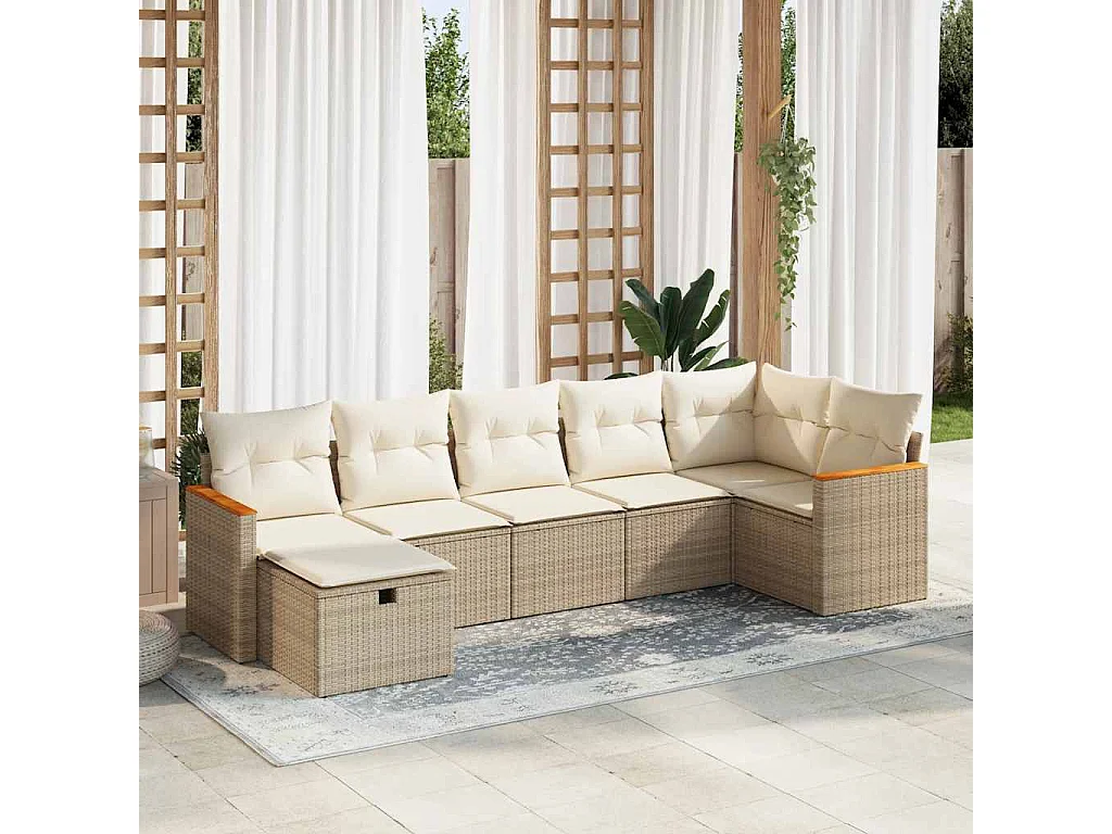 Salon de jardin avec coussins 7 pièces beige résine tressée