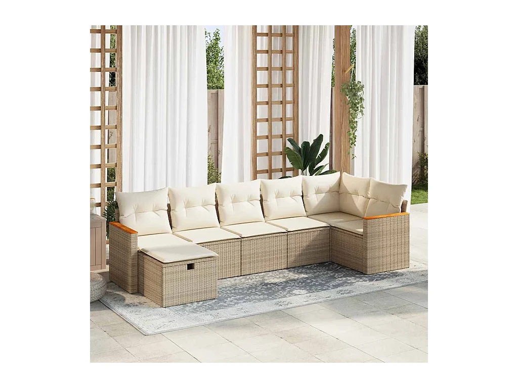 7-delige Loungeset met kussens poly rattan beige