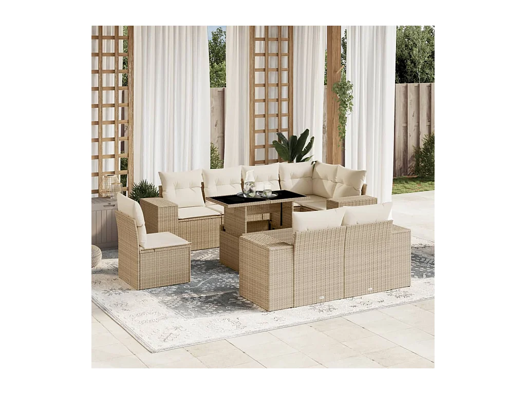 Salon de jardin avec coussins 9 pièces beige résine tressée