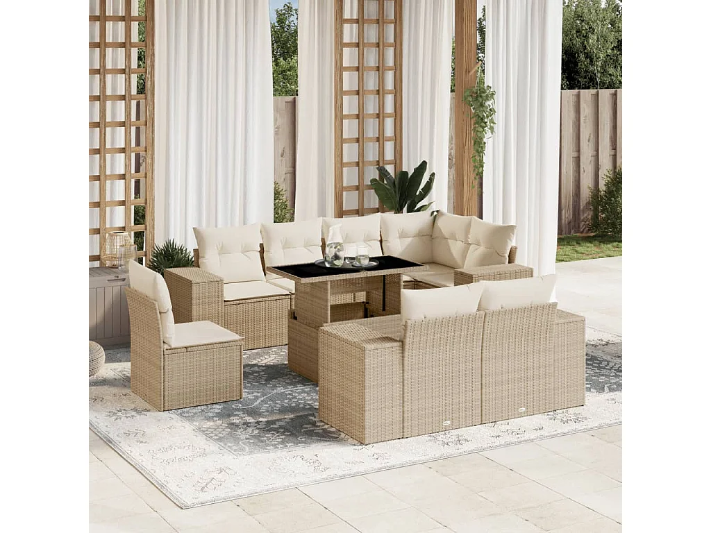 Salon de jardin avec coussins 9 pièces beige résine tressée
