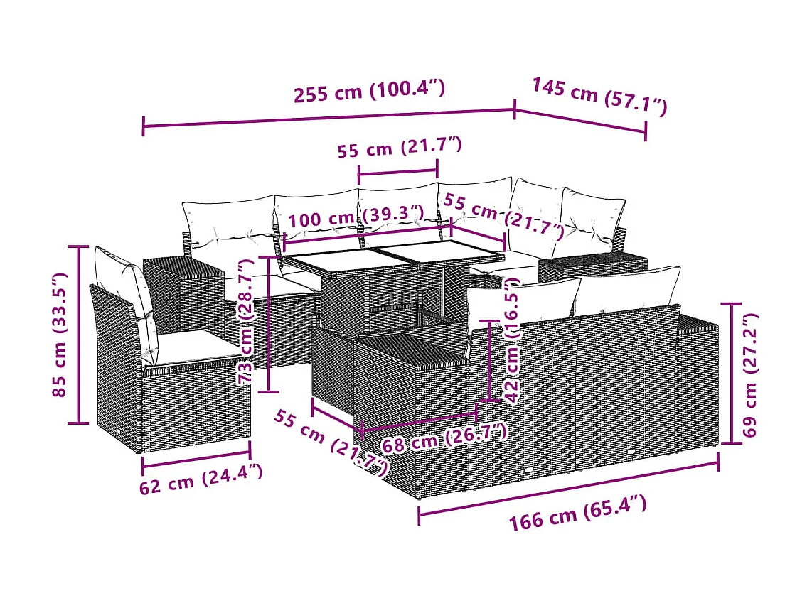 Salon de jardin avec coussins 9 pièces beige résine tressée