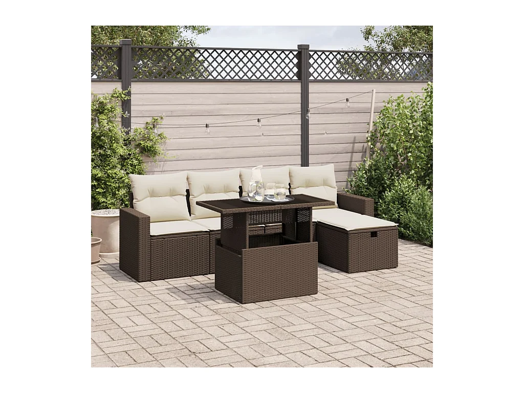 Salon de jardin avec coussins 6 pièces marron résine tressée