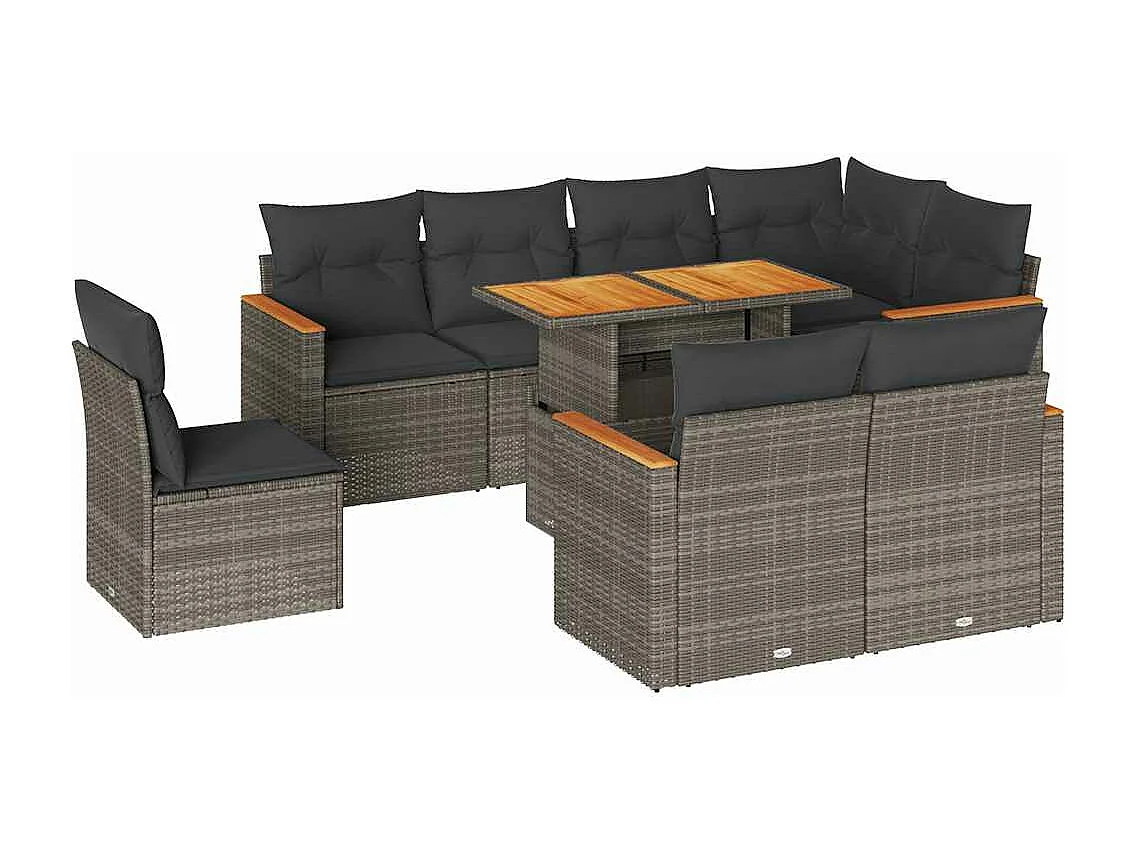 Salon de jardin avec coussins 9 pièces gris résine tressée acacia