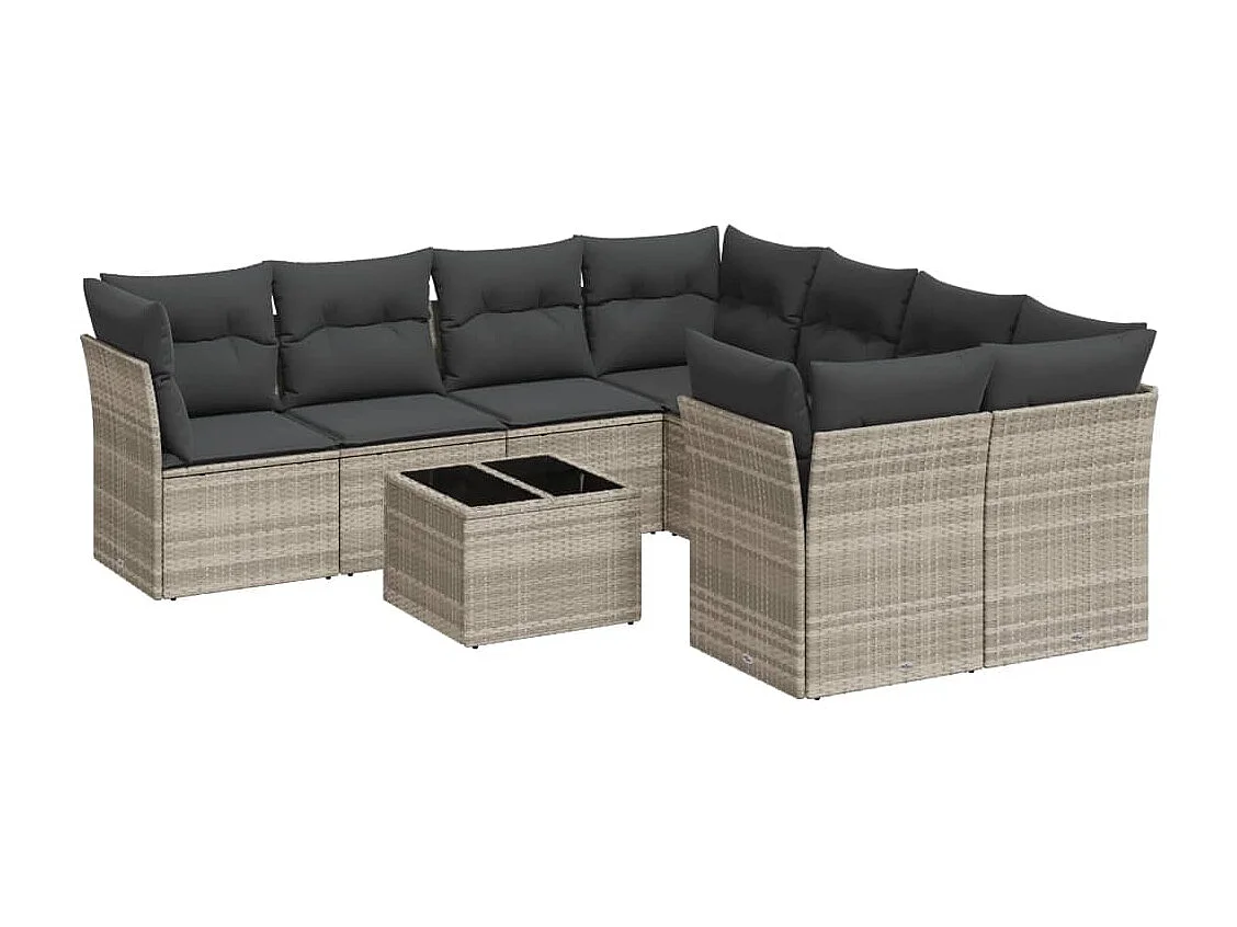 Salon de jardin 9 pièces avec coussins gris clair résine tressée