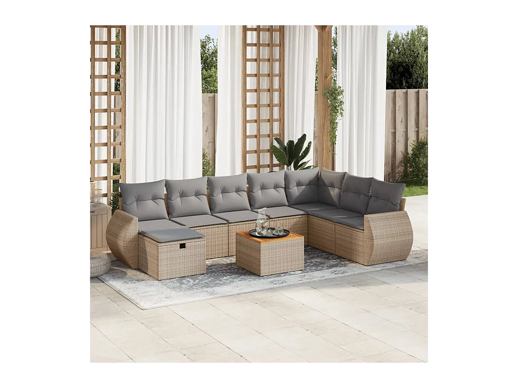 9 peças conjunto de sofás para jardim com almofadões vime PE bege