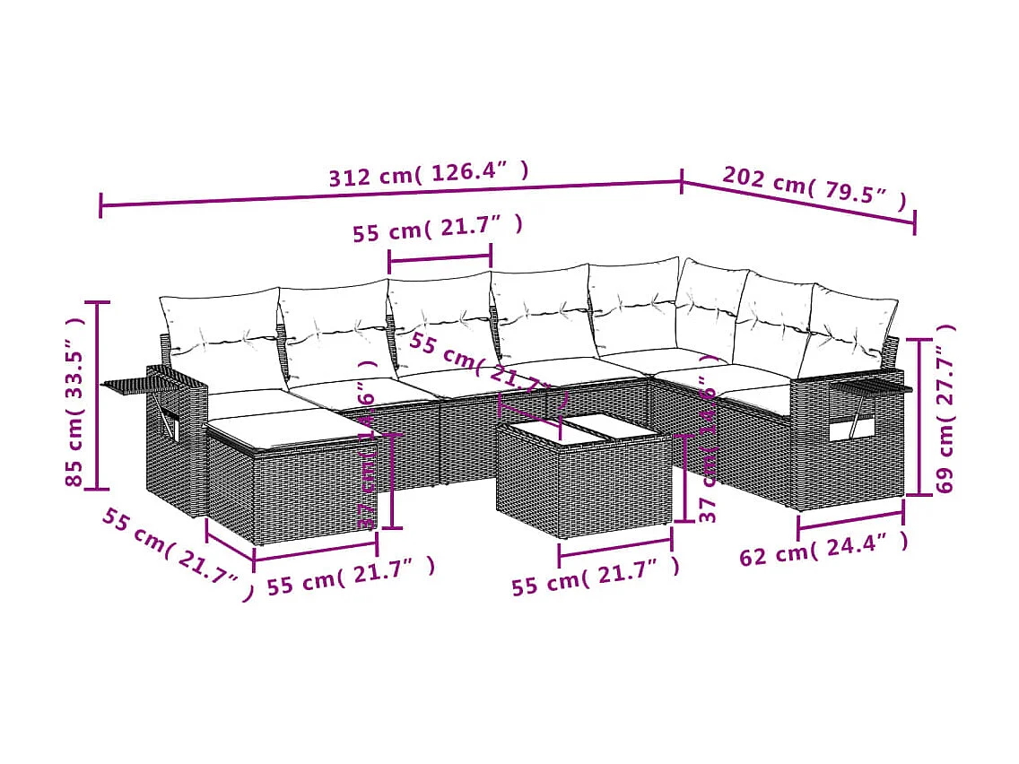 9-delige Loungeset met kussens poly rattan bruin