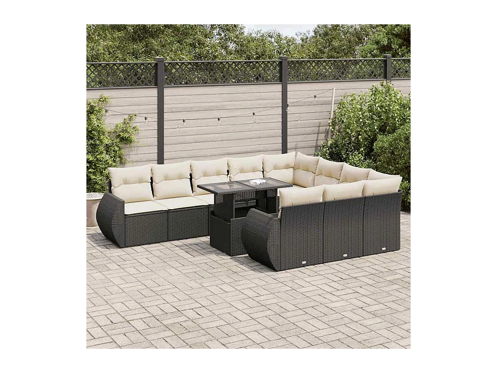 Salon de jardin 11 pièces avec coussins noir résine tressée