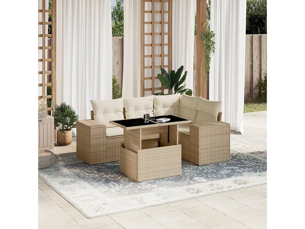 Salon de jardin avec coussins 5 pièces beige résine tressée