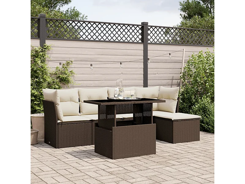 Set sofás de jardín 6 piezas y cojines ratán sintético marrón