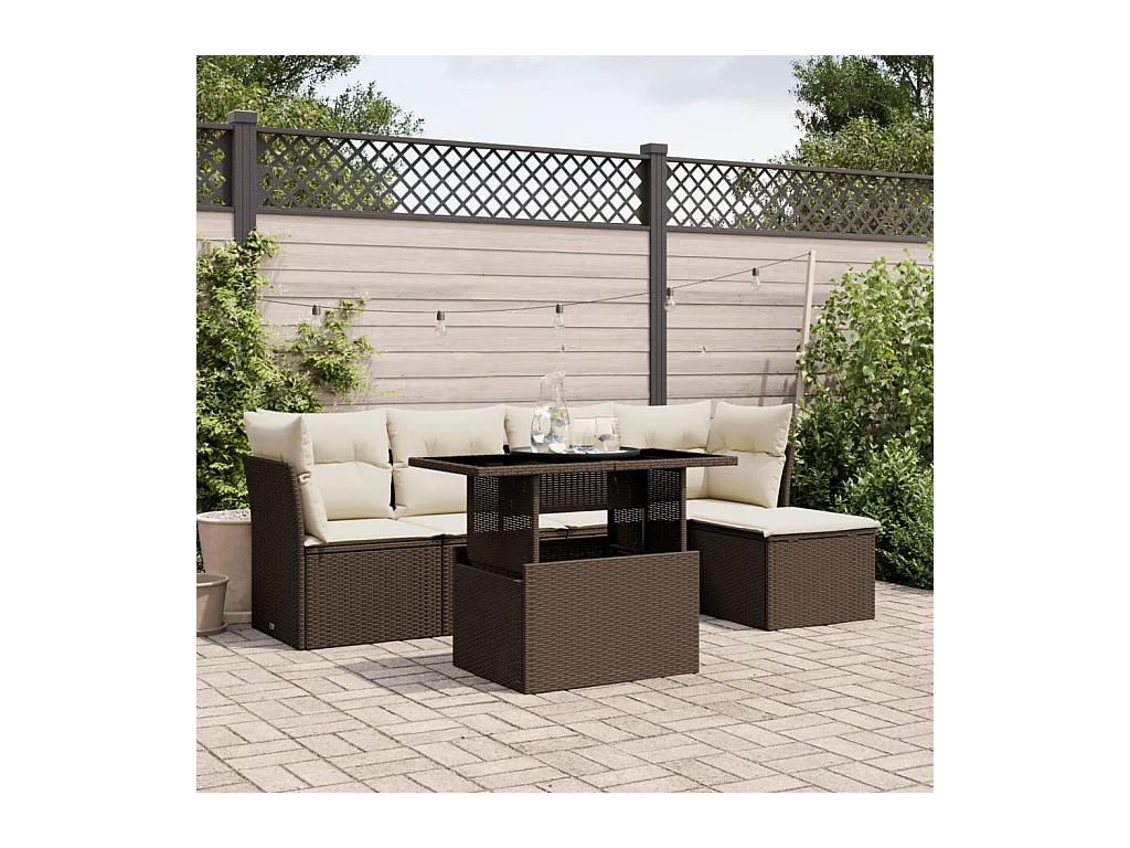 Salon de jardin avec coussins 6 pièces marron résine tressée