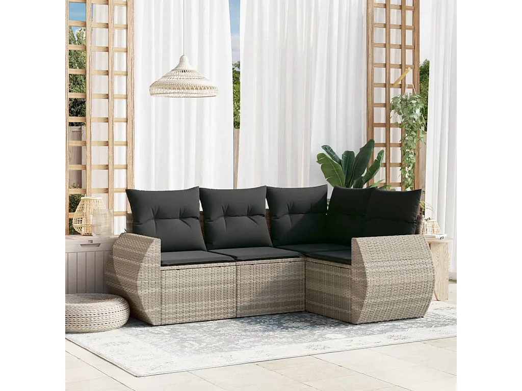 Salon de jardin 4 pièces avec coussins gris clair résine tressée