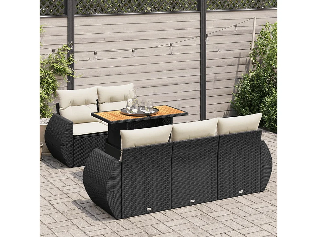 6-delige Loungeset met kussens poly rattan zwart