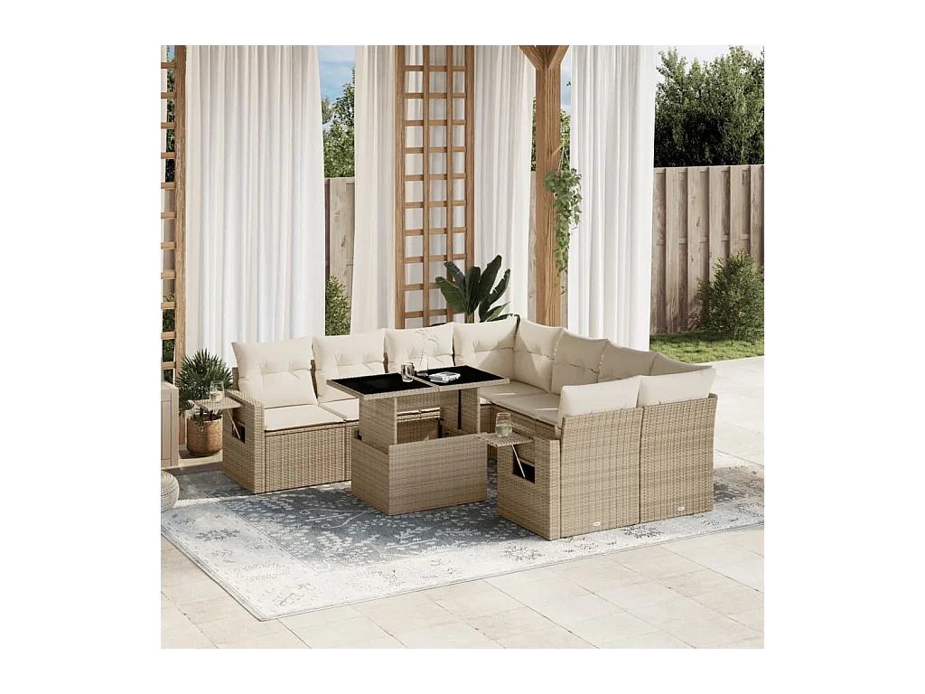9-delige Loungeset met kussens poly rattan beige