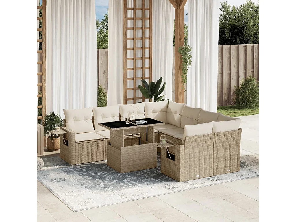 9-delige Loungeset met kussens poly rattan beige