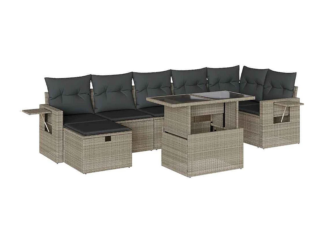 Salon de jardin 8 pièces avec coussins gris clair résine tressée