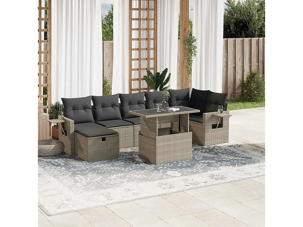 Salon de jardin 8 pièces avec coussins gris clair résine tressée