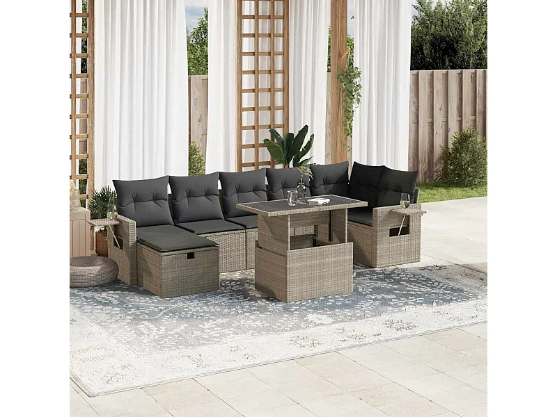 Salon de jardin 8 pièces avec coussins gris clair résine tressée