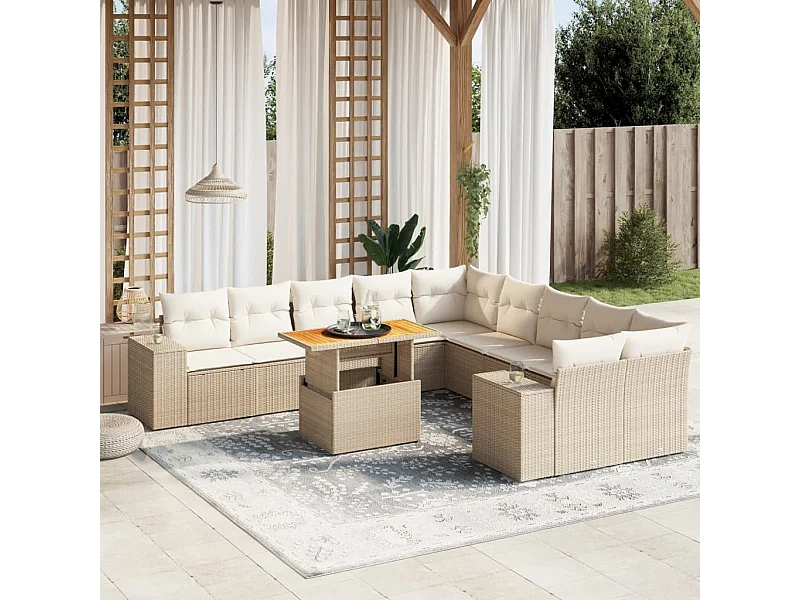 11-delige Tuinset met kussens poly rattan beige